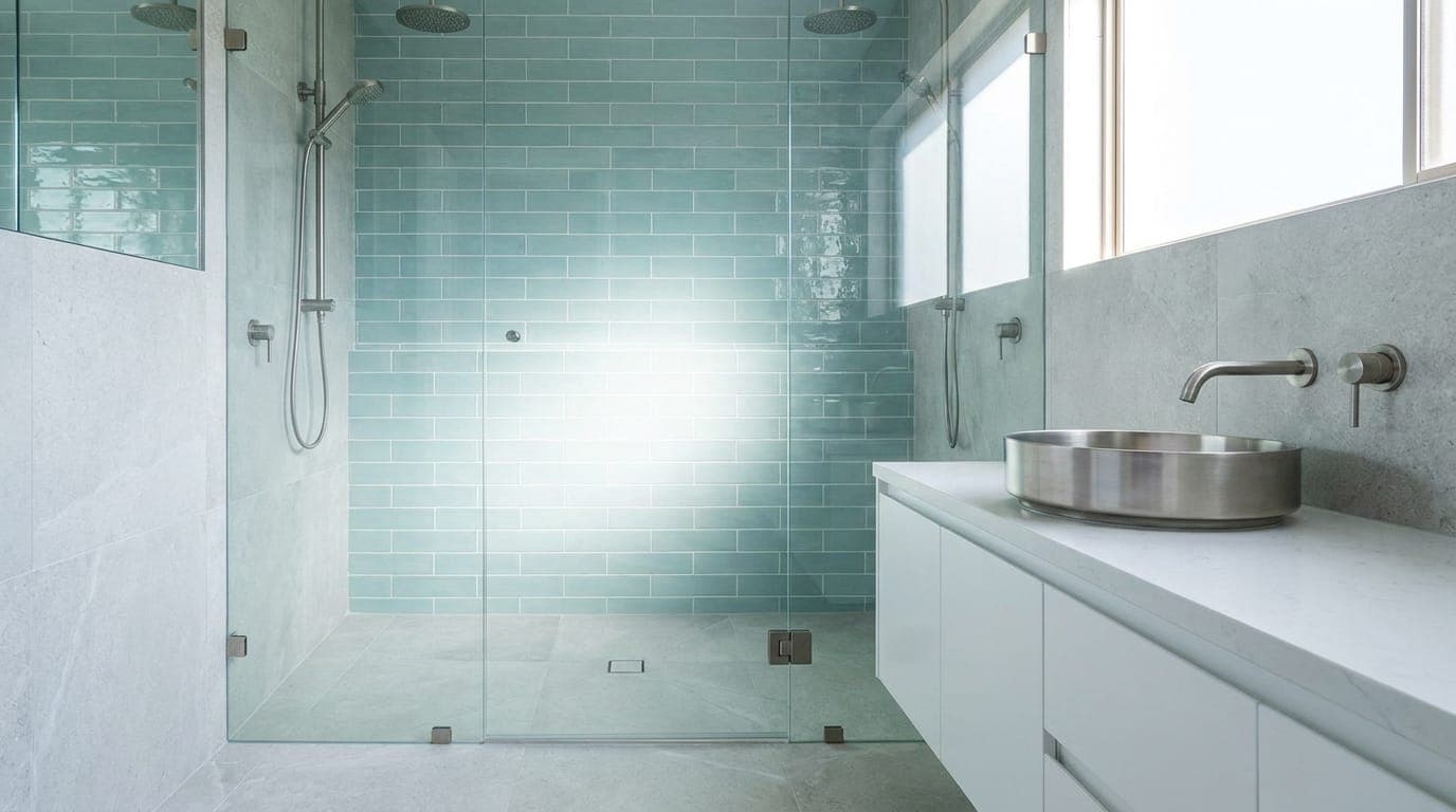 Frameless glass shower screen in a bright, modern Adelaide bathroom
